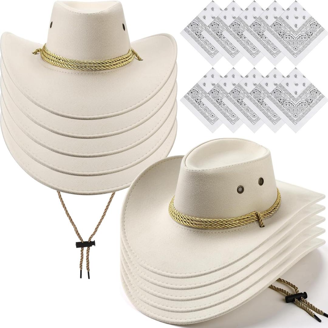 Coume 10 Set Cowboy Hat and Bandana for Women Men 10 Felt Cowgirl Cowboy Hat Bulk 10 Western Bandanas for Adult Costume Party (Beige White)