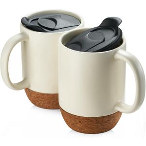 DOWAN Coffee Mugs Set of 2, 15 OZ Ceramic Mug with Cork Bottom and Splash Proof Lid, Large Coffee Cup with Handle for Tea Latte, Beige