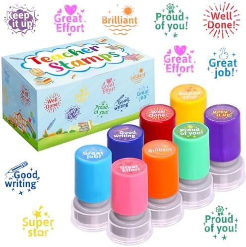 Fancy Land Teacher Stamps Self Inking for Classroom Rubber Stamp for Grading Homework Test Motivation Students Behavior Reward Supplies 8Pcs