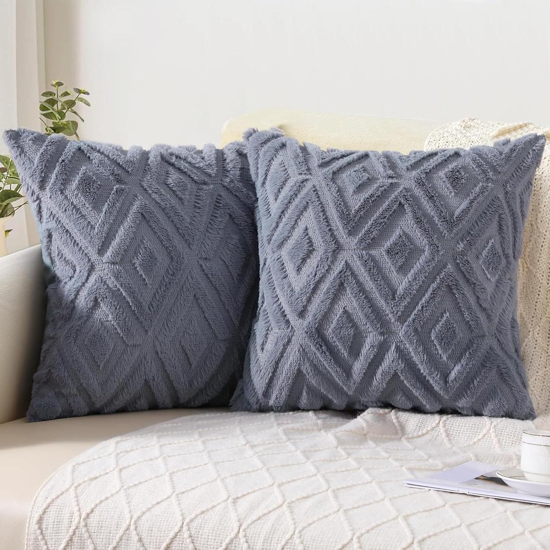 Pallene Summer Blue Grey Throw Pillow Covers 20x20 Set of 2, Soft Plush Faux Fur Decorative Couch Pillow Covers for Sofa Bed Living Room Pillow Cases with 3D Diamond Pattern