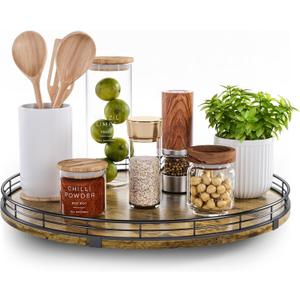 Lazy Susan Turntable Organizer for Table Top, 16 Round Wooden Lazy Susan for Cabinet Kitchen Countertop Pantry Dining Coffee Table for Condiments Spices, Rustic Bathroom Vanity Tray for Soap Candle
