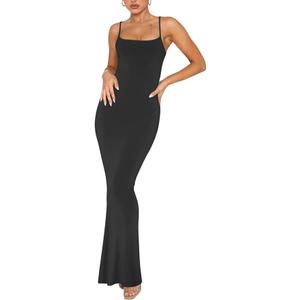 REORIA Women's Basic Sexy Lounge Slip Long Dress Elegant Sleeveless Backless Ribbed Bodycon Maxi Dresses,  L
