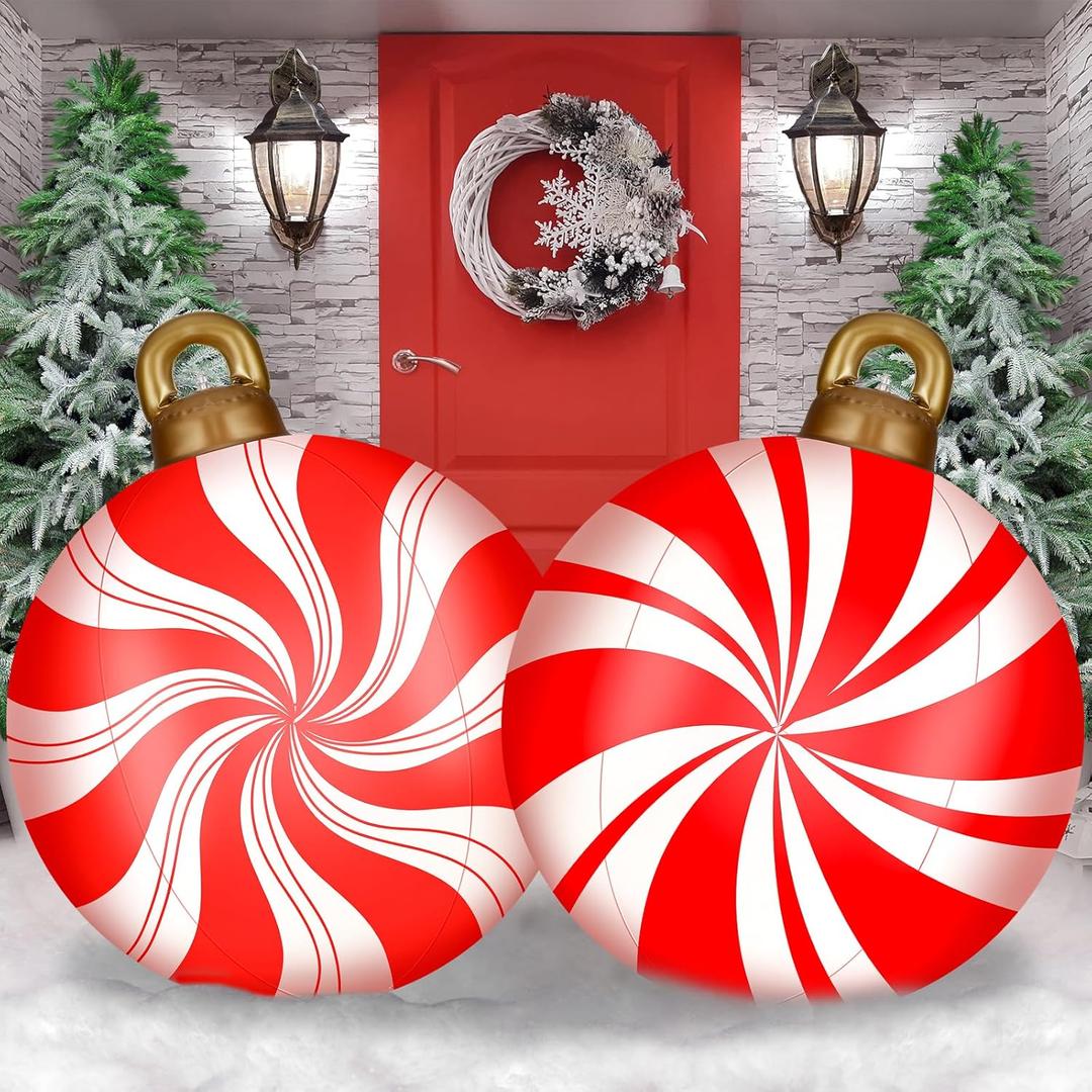 2 Pieces 32 Inch Giant PVC Inflatable Christmas Decorated Ball Ornaments Outdoor Large Xmas Blow Ball Decorations for Christmas Themed Party Ornaments(Candy,Red White)