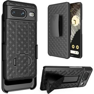 Google Pixel 8 Case Holster, Google Pixel 8 Cover, Swivel Belt Clip Kickstand Holder, Slim Rugged Full Body Armor Shell Protective Pouch Cover for Google Pixel 8 2023 Release, Black