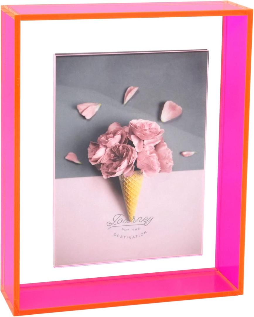 5x7 Acrylic Picture Frame Neon Floating Photo Frame for Wall Mount and Tabletop Decorative in Gallery Home Office, Neon Pink