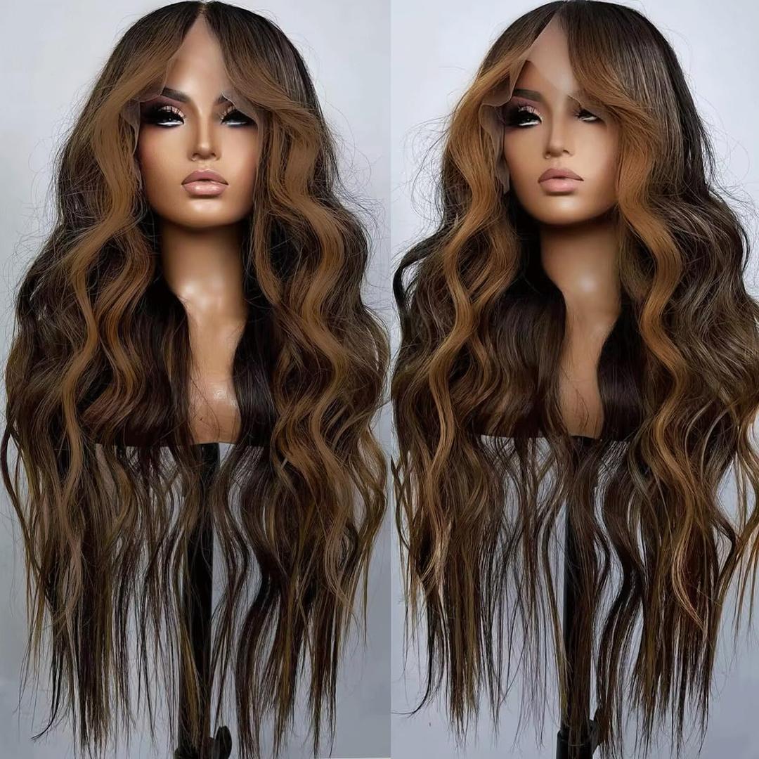 Synthetic Lace Front Wigs for Black Women Highlight Brown Mix Black Natural Wavy Glueless Wig Ready to Wear 13x4x1 HD Lace Pre Plucked Middle Part Wig 26 Inch