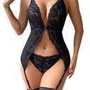 OYOANGLE Women's Floral Lace Spaghetti Strap Bralette Bra and Thong with Garter Belt Set Exotic Lingerie Set Black M