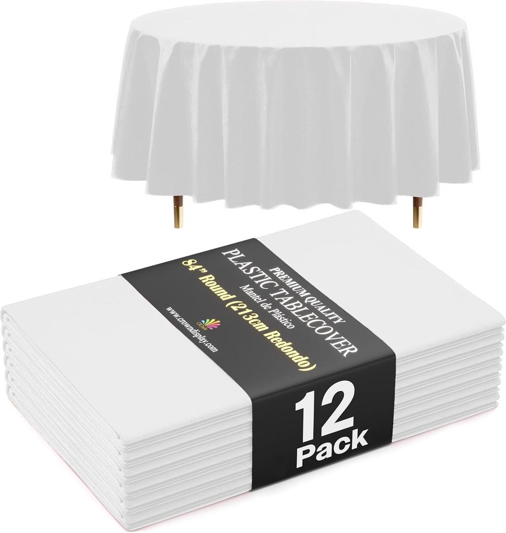 Exquisite 66% Thicker Premium White Round Tablecloth 0.5 Mil 12 Pack Plastic Table Cloth Disposable 84 Inch Round Plastic Tablecloth Won't Tear Easily Like Cheap Thin Brands