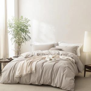 BDEAR 3 Pieces Cream Grey Duvet Cover Set Super King Plus Size 120'' L x 120'' W, 100% Washed Cotton Duver Cover with Zipper Closure Plus 2 Pillowcases, Linen Feel, Oeko TEX Standard Certificated