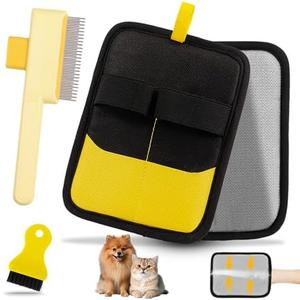 Udihch Electrostatic Pet Hair Removal Glove - Reusable Pet Hair Removal Glove with Cleaning Brush & Flea Comb for Cats & Dogs, Washable for Clothing, Couch, Carpet, Car Seat (Black/Yellow)