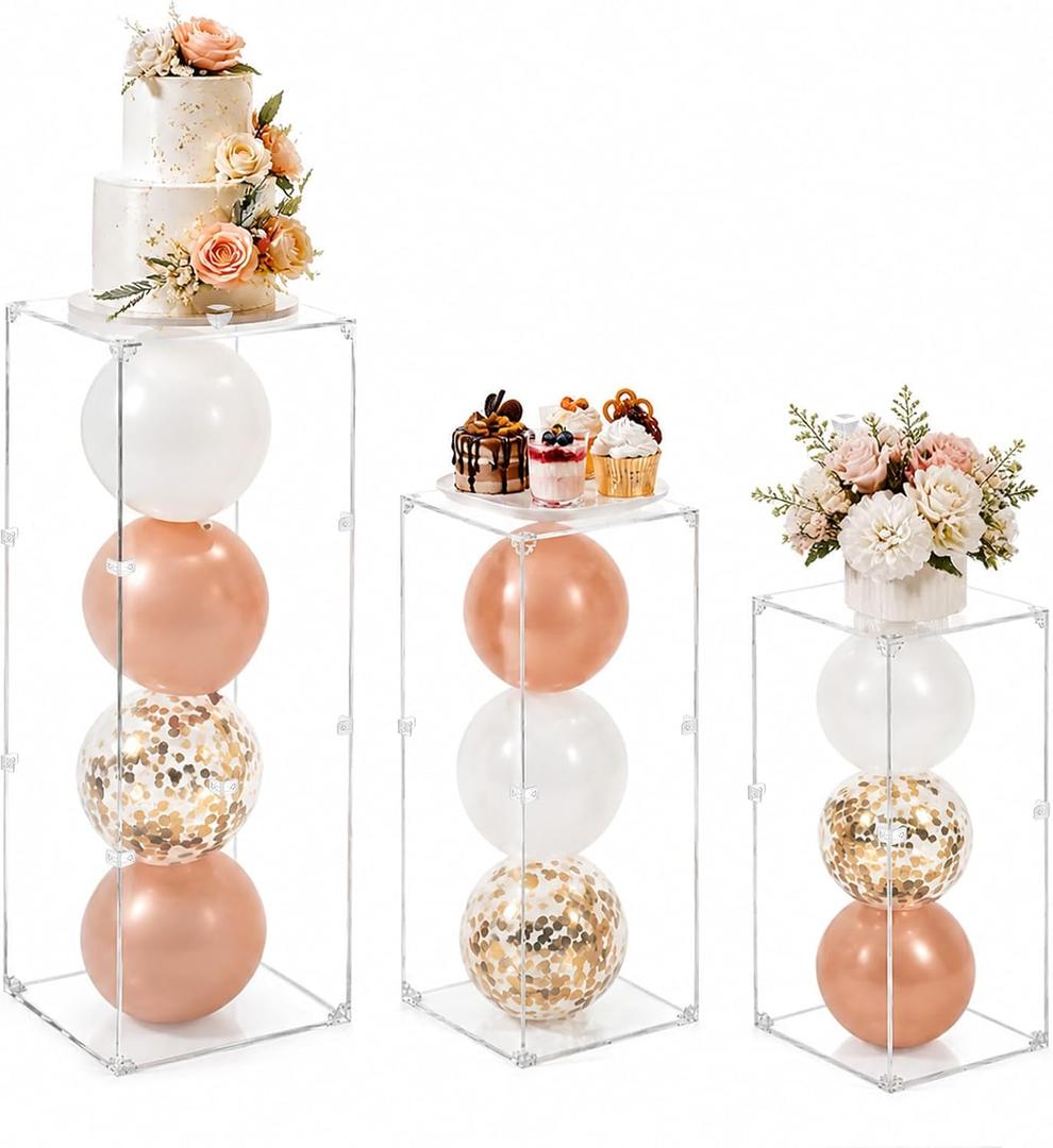 Sintuff 3 Pcs Acrylic Square Pedestal Stand Display Pedestal Stand for Flowers, Sculptures, Cake, for Wedding Events, Art Gallery, Birthday Party Decor(31.5"11.8"(L), 27.6"11.2"(m), 23.6"10.2"(s))