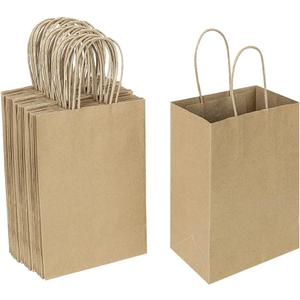 Oikss 50 Pack 5.25x3.25x8.25 Inch Small Brown Gift Bags with Handles Bulk for Birthday Party Favors Grocery Retail Shopping Business Goody Kraft Craft Paper Bags Cub Sacks (Plain Natural 50 Count)