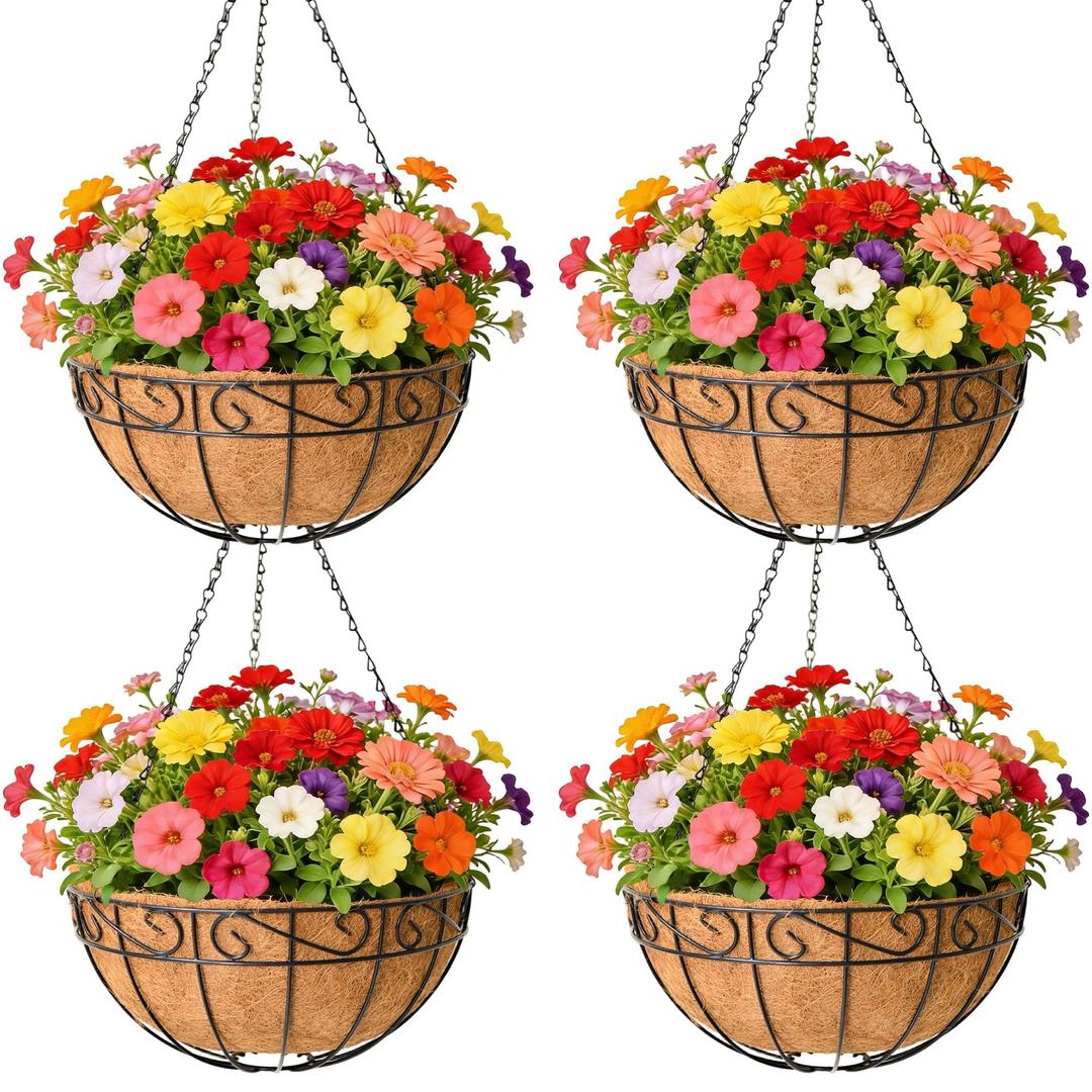 GYATSOCYG 4 Pack 14 Inch Metal Hanging Planter Basket，Natural Round Coconut Hanging Plant Flower Pot，Coconut Coir Planter for Hanging Basket Flowers/Vegetables Home Garden Patio Decoration Earth