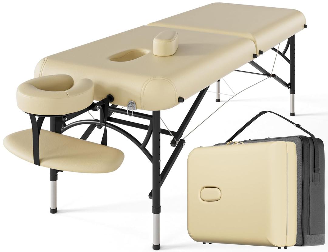 CLORIS 84" Professional Massage Table Portable 2 Folding Lightweight Facial Salon Spa Tattoo Bed Height Adjustable with Carrying Bag & Aluminium Leg Hold Up to 1100LBS Cream
