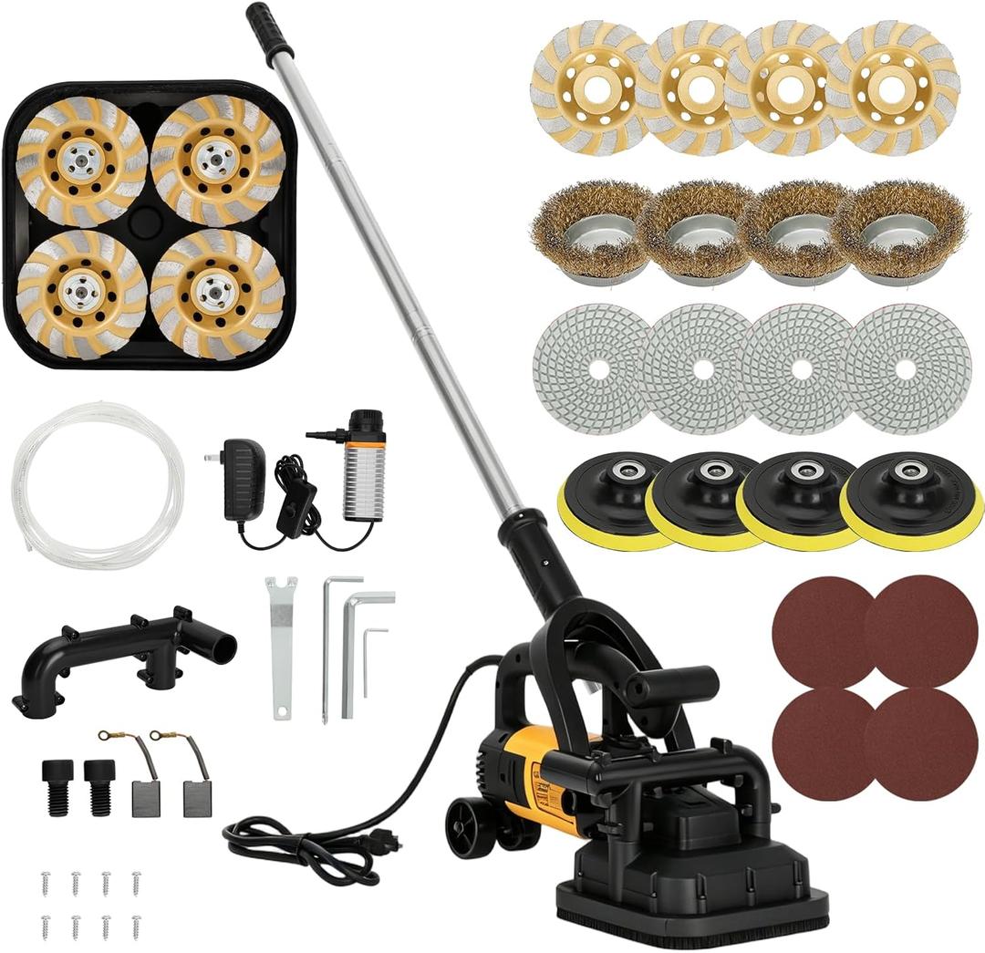 4-Head Concrete Grinder Machine with Handle & Auxiliary Wheels, 3800W Motor