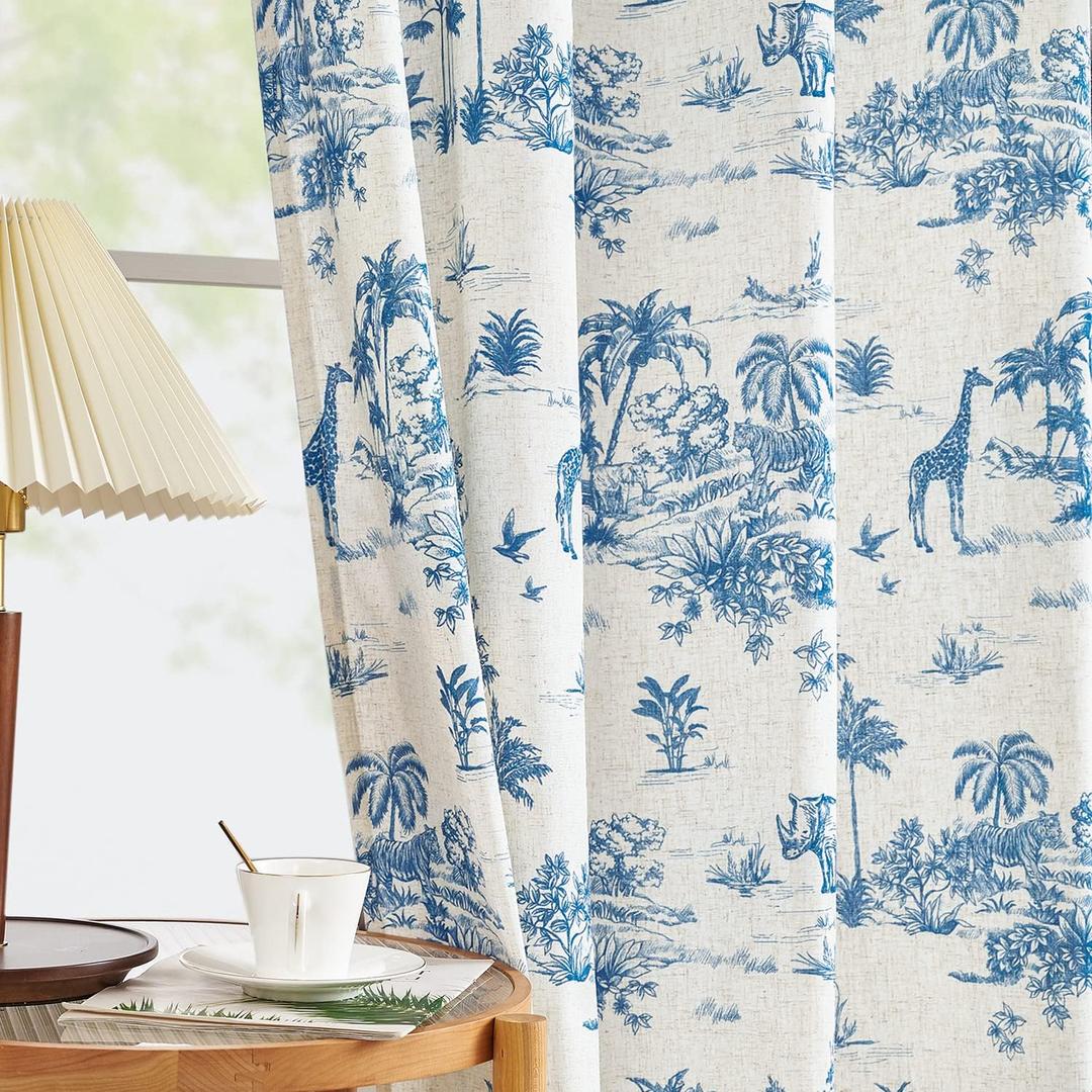 jinchan Linen Toile Curtains Floral Printed Curtain 96 Inches Long for Living Room Toile de Jouy Farmhouse French Country Curtain Grommet Top Light Filtering Drapes for Bedroom 2 Panels Blue on Beige