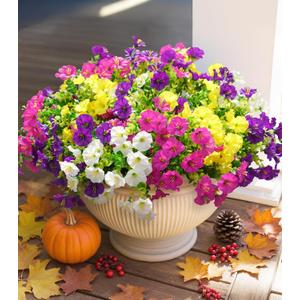 HyeFlora Artificial Flowers for Outdoors Fake Plants Outside Decoration, 12 Bundles Silk Colorful Morning Glory with Eucalyptus UV Resistant Realistic Faux Flowers for Planter Front Door Garden Yard (Multi Color(3 Purple, 3 Fuchsia, 3 White, 3 Yellow))