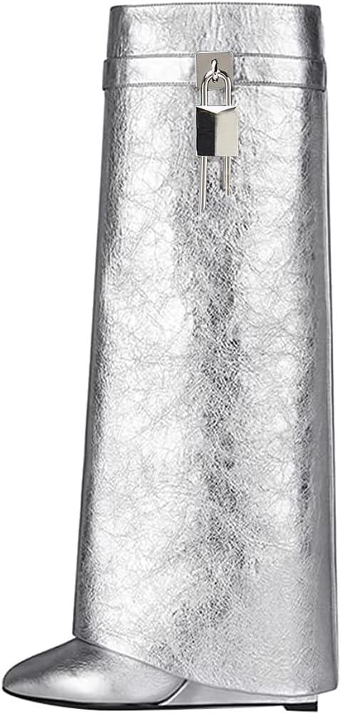 Arqa Fold Over Knee High Boots for Women Covered Wedge Heel Shark Boots Pull-on Wide Calf Boots Fashion Party Almond Toe Booties (9, Silver)