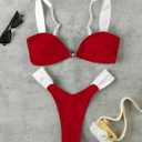 QJQ Women's 2 Pieces Bikini Set Triangle High Cut Thong Bathing Suits Cheeky Adjustable Straps Swimsuit Summer (L)