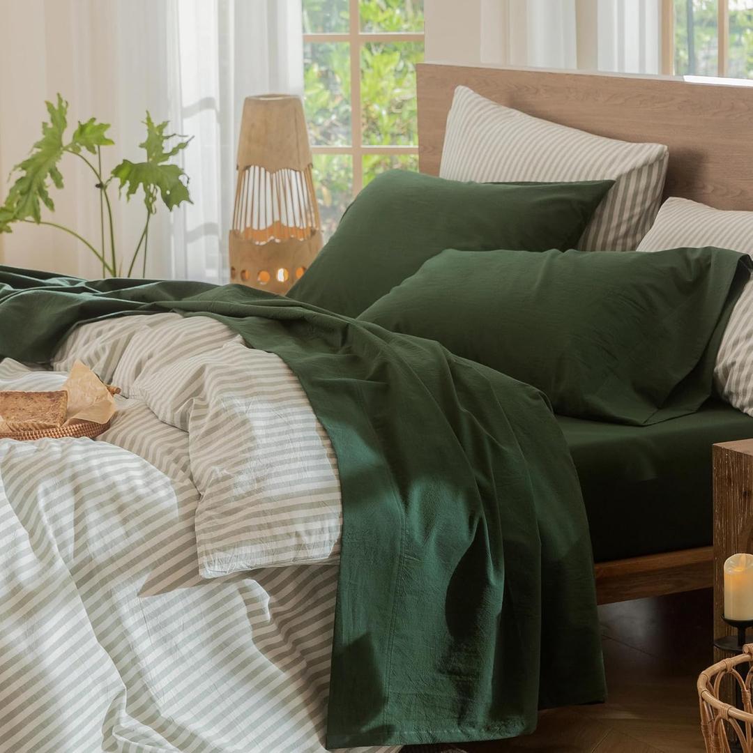 MooMee Bedding Sheet Set 100% Washed Cotton Linen Like Textured Breathable Durable Soft Comfy (Solid Forest Green, Queen)