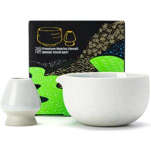 TEANAGOO Matcha Bowl with Spout, 2-PCS Ceramic Matcha Bowl and Whisk Holder (Chawan), 18 OZ/510ML White Bowl with Stand, Green Tea Traditional Ceremonial Accessories, Gift Set for Friend, Matcha Set