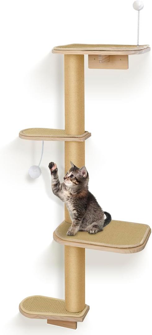 Cat Wall Shelves & Climber for Kittens  4-Level Wall Mounted Cat Tree with Natural Sisal Pads, Adjustable Tower for Indoor Cats Up to 30lbs, Cat Wall Furniture System