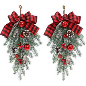 Christmas Swags for Decorating Outdoor, Garland Winter Swag Teardrop Ornament Pine Cone red Bow Decorative Props Pendant Wall Hanging for Front Door Indoor Outdoor Wall Hanging Wreaths Decor (2 Pack)