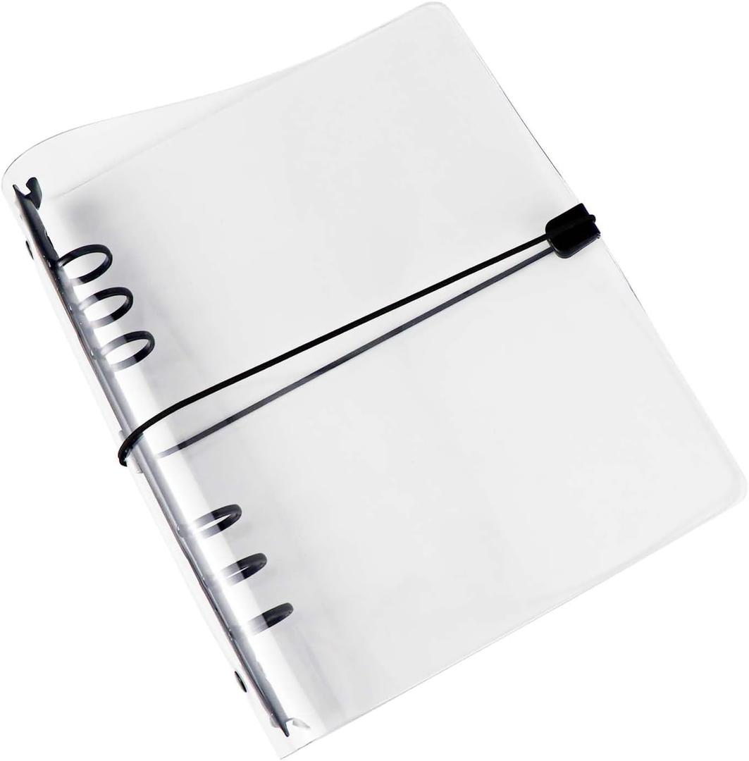 Clear A5 Binder with Elastic Band 6 Black Rings Journal Planner Cover Clear Budget Folder Thick PVC Notebook Cover for 6 Holes A5 Grid Paper Refills Binder Inserts Pockets Dividers