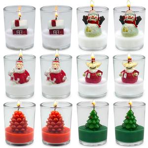 12-Pack Christmas Glass Votive Candles - Festive Decor Set with Santa, Snowman, Pinecone, Cedar, Elk and House Designs - Good for Xmas Holiday Decorations, Parties and Gifts (White Green Red)