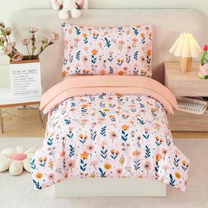 URBONUR Cute Floral Toddler Bedding Set for Girls, 4 Piece Bed-in-a-Bag Toddler Microfiber Comforter Sheet Set, Botanical Flowers Printed, All Season Easy Care