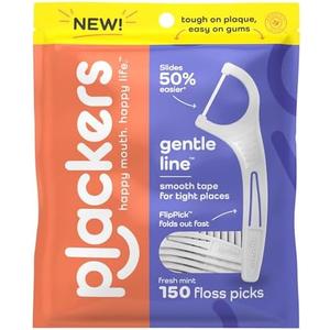 Plackers Gentle Line Floss Picks, Fresh Mint Flavor, Fold-Out FlipPick, QuickFix Grip, Easy Storage with Sure-Zip Seal, 150 Count