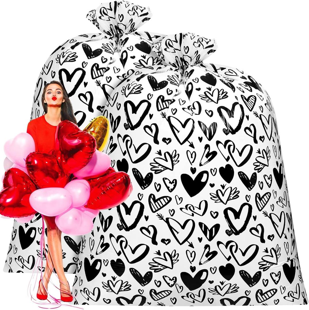 Teling 2 Pcs 80 x 60 in Valentine Extra Large Bike Gift Bags Oversized Heart Large Plastic Bags for Weddings, Bridal Showers, Anniversary (Black Heart)