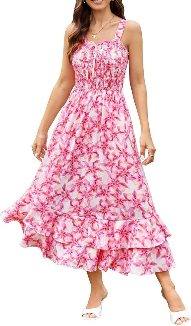 GRACE KARIN Women's 2025 Summer Floral Boho Dress Square Neck Strapped Swing A Line Sundress Beach Long Maxi Outfits (Pink Yellow Floral), S
