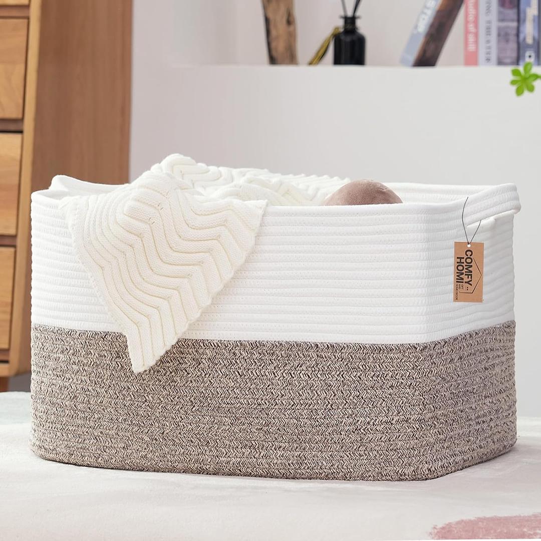 COMFY-HOMI Large Laundry for Organizing|Rectangle Cotton Rope Storage with Handles|Blanket for Living Room|Woven Laundry for Towels, Toys, Clothes-22x15x12-White/Brown