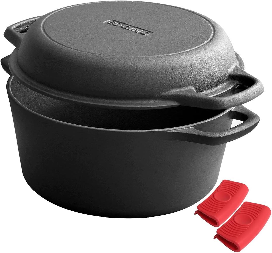 EDGING CASTING 2-in-1 Pre-Seasoned Cast Iron Dutch Oven Pot with Skillet Lid Cooking Pan, Cast Iron Skillet Cookware Pan Set with Dual Handles Indoor Outdoor for Bread, Frying, Baking, Camping, 7QT