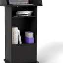 Podium Stand Portable,Mobile Wood Pulpit Podium Hostess Stand Reception Desk with Adjustable Shelf and Lockable Wheels for Churches Conference School (Black)