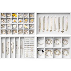 Velvet Jewelry Drawer Organizer Trays – Large White Stackable Jewelry Storage Inserts Set, 4-Layer Jewelry Tray Set for Earrings, Rings, Necklaces, Bracelets with Removable Dividers for Dresser,Vanity