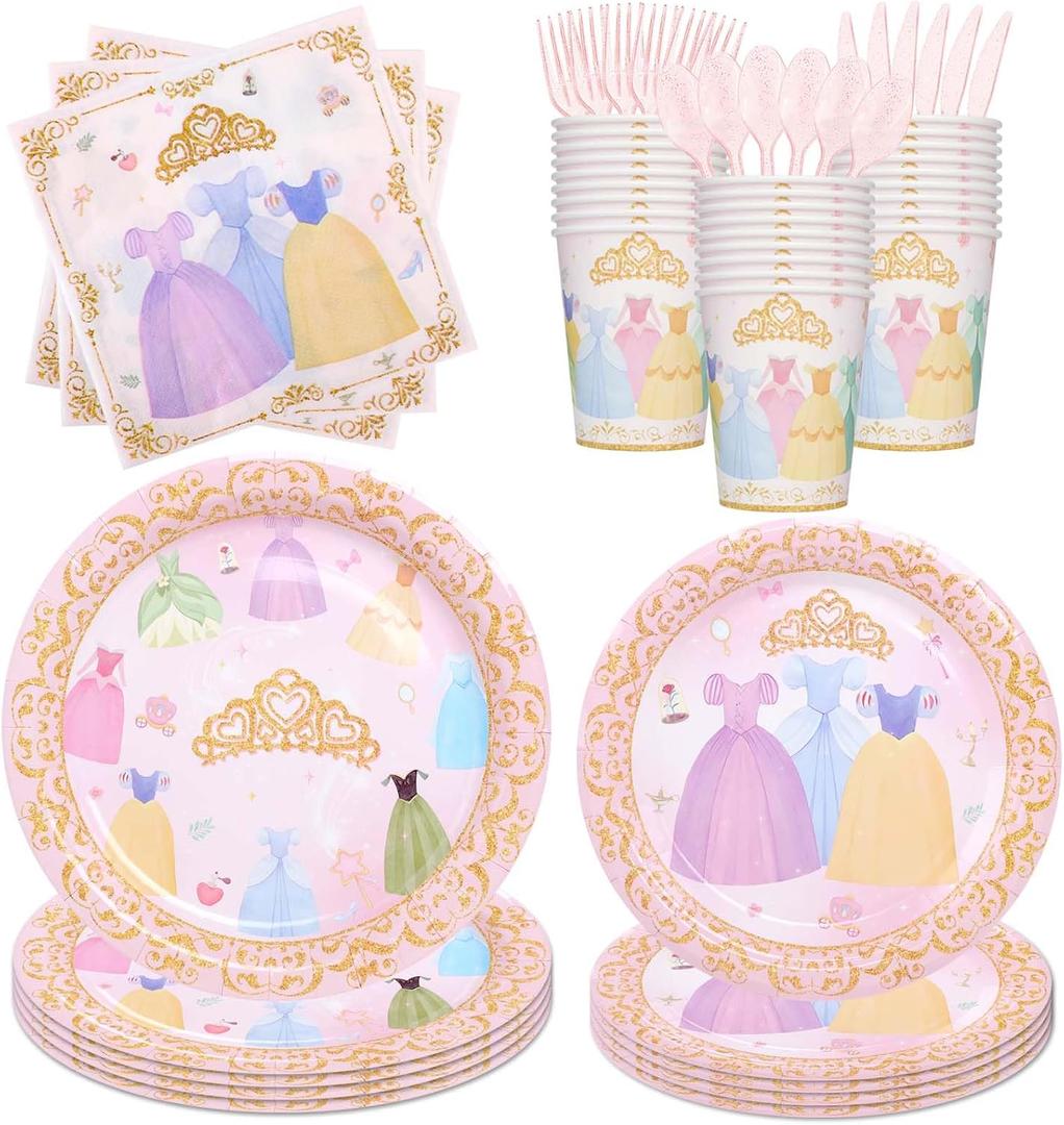 175Pcs Princess Paper Plates Napkins, Princess Themed Birthday Party Decorations Pink Party Supplies Disposable Dinnerware Set Plate, Utensils, Cup, Napkin, Tableware Set, Serve 25 Guests