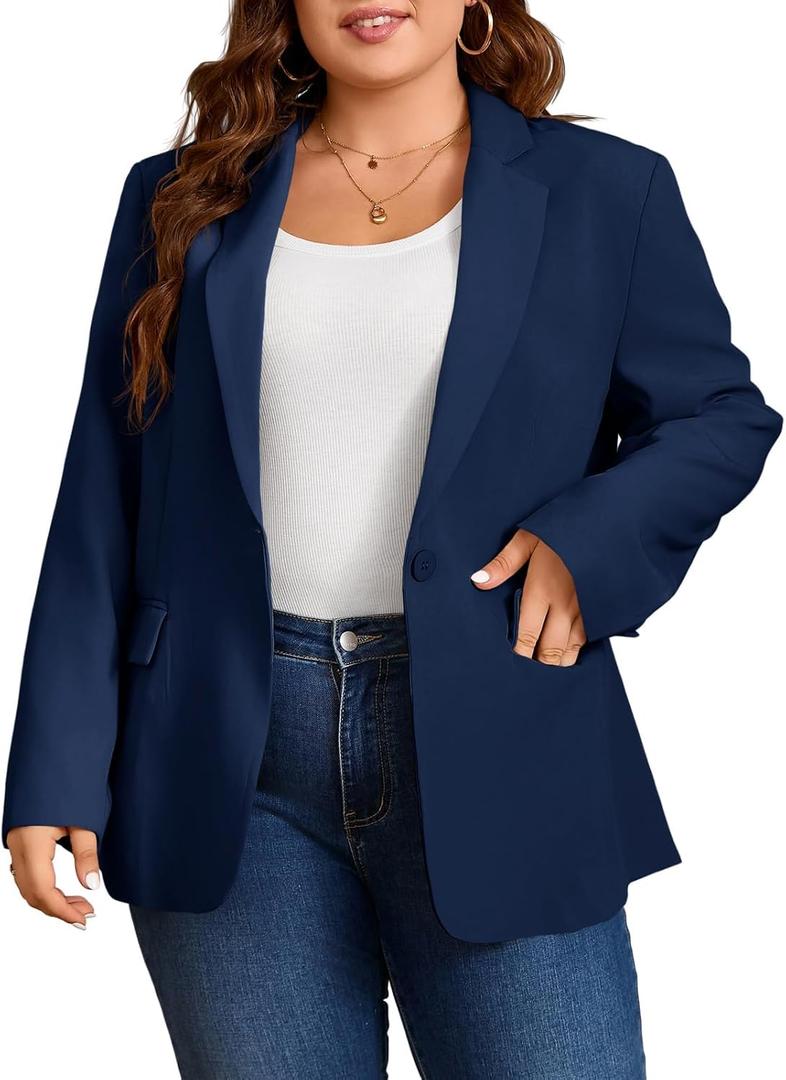 Cicy Bell Women's Plus Size Casual Blazers Lapel Long Sleeve Work Office Suit Jackets Open Front Curvy Blazers (Blue, Size XXL)