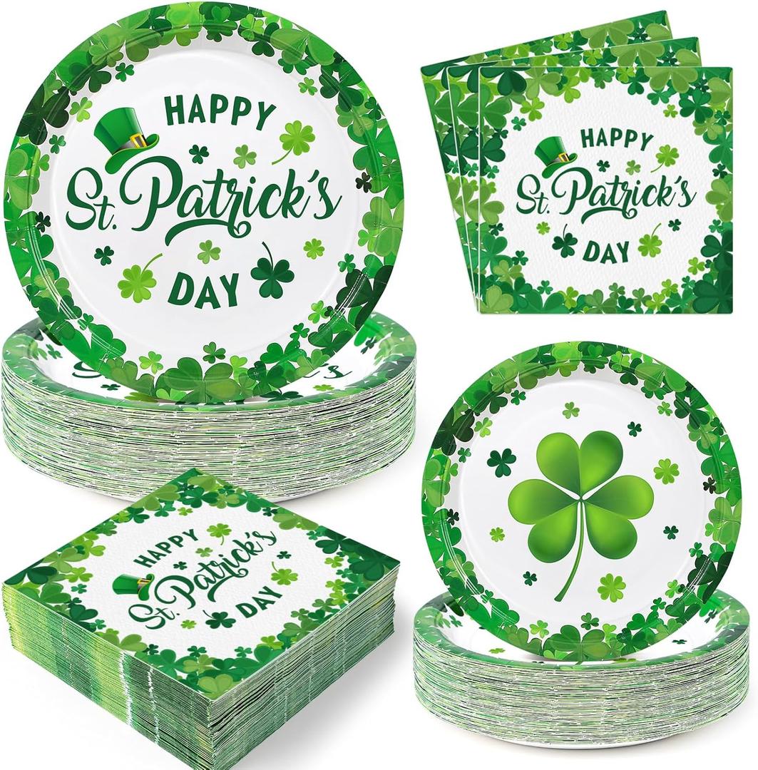 150Pcs St Patrick's Day Paper Plates and Napkins Serve 50, Green Shamrock Paper Plates Dinner Dessert St Patricks Day Napkins, Disposable Party Decorations, Irish Party Supplies Themed Tableware Set