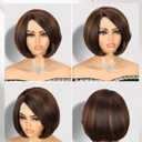 Quantum Love Highlight Bob Wig Layered Cut Mixed Brown Side Part Short Straight Glueless Bob Wigs for Women Realistic Hairline Synthetic Heat Resistant Fiber Hair