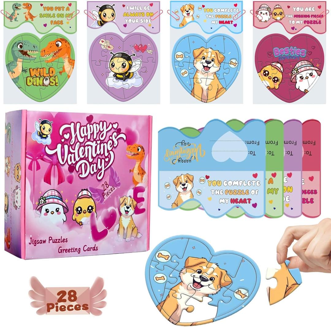 28 Pcs Valentines Day Gifts Cards for Kids Classroom, Toddlers School Heart Jigsaw Puzzle Set for Preschoolers Exchange, Valentine Puzzles Party Favor Supplies Prizes Toys for Boys&Girls 3-12