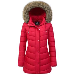 Women's Long Winter Puffer Coat Warm Thicken Fleece Lined Down Jacket Waterproof Detachable Hooded Parka (Red)