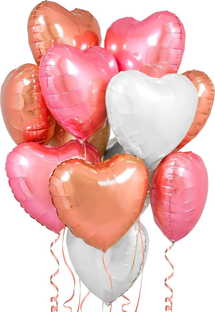 KatchOn Rose Gold, White Pink Heart Balloons - 18 Inch, Pack of 12 | Heart Shaped Balloons, Love Decorations | Happy Anniversary | Bridal Shower | Wedding Shower