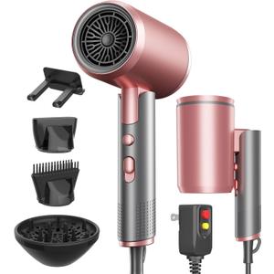 Foldable Portable Ionic Hair Dryer 1600W - Compact Mini Blow Dryer with Diffuser, Concentrator & Comb Nozzle, Intelligent Temperature Control, Low Noise for Home, Salon & Travel (PinkGrey)