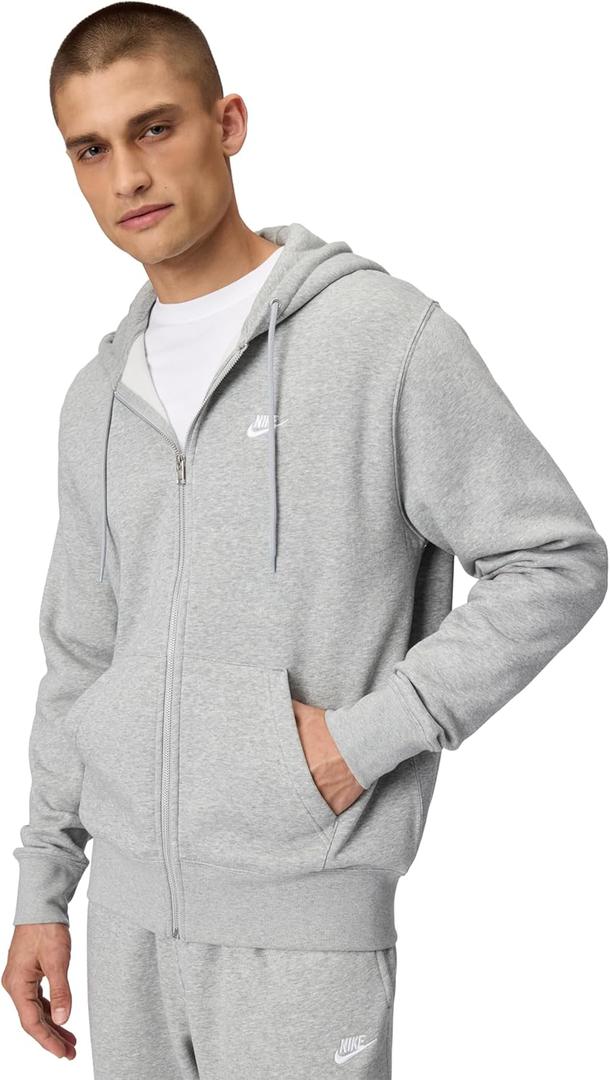 Nike Men's Club Full-Zip Fleece Hoodie (Large, Dark Grey Heather/Light Smoke Grey/White)
