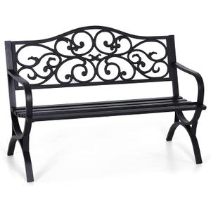 Sophia & William 50" Outdoor Garden Bench Patio Park Bench, Cast Iron Metal Frame Furniture with Floral Design Backrest for Porch Yard Lawn Deck, Black
