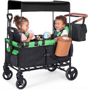 2-in-1 Wagon Stroller for Two Kids – Foldable Push & Pull All‑Terrain Wagon with Canopy, 5‑Point Harnesses,Removable Snack Tray,Storage Bag, Lightweight, Compact Trunk-Friendly Fold – Green