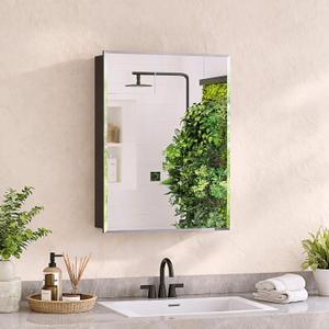 Medicine Cabinet with Mirror, 16 x 24 Frameless Beveled Bathroom Mirror with Storage, Aluminum Recessed or Wall Mount Medicine Cabinet, 6 Adjustable Shelves for Tall Bottles, DTC Soft Close