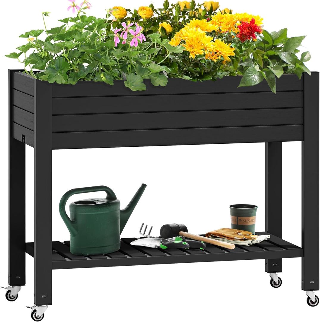 YITAHOME 3.6x1.5x2.8 FT Elevated Garden Bed Kit with Legs and Wheels, Outdoor Large Resin Planter Box Stand with Drain Plug and Storage Shelf for Plants Vegetables Fruits,  Black